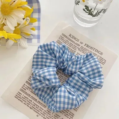 Women's Fashion Plaid And Polka Dot Hair Tie Blue