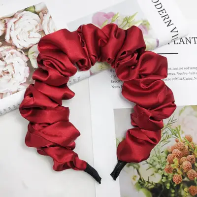 Women Fashion Wrinkle Design Solid Color Silk Headbands Star Street Shooting Pleated Large Intestine