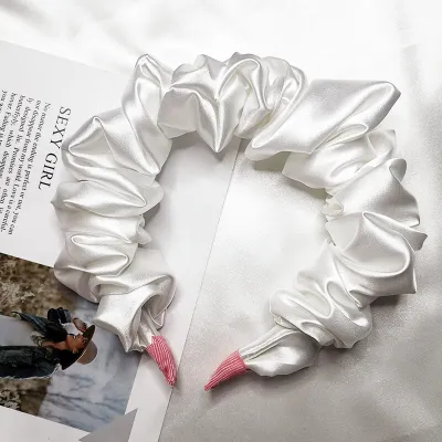 Women Fashion Wrinkle Design Solid Color Silk Headbands Star Street Shooting Pleated Large Intestine