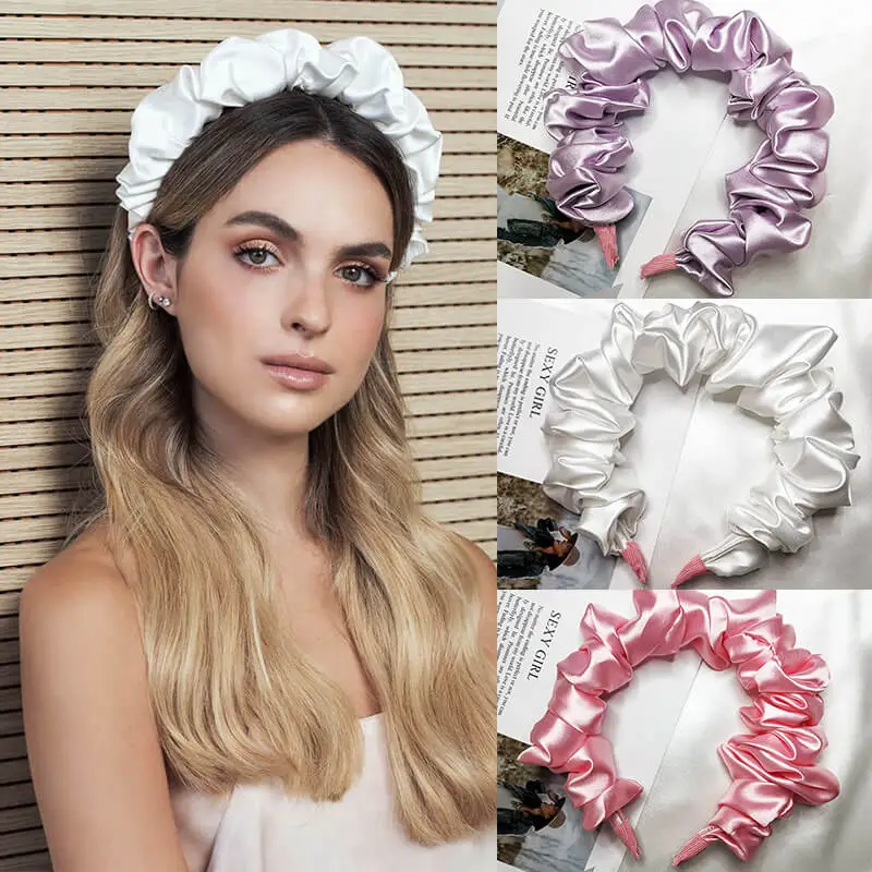 Women Fashion Wrinkle Design Solid Color Silk Headbands Star Street Shooting Pleated Large Intestine