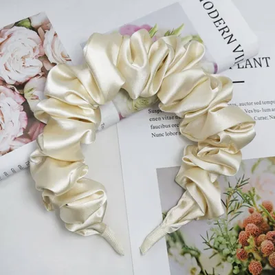 Women Fashion Wrinkle Design Solid Color Silk Headbands Star Street Shooting Pleated Large Intestine
