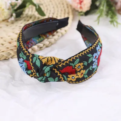 Women Bohemian Style Flower Pattern Embroidery Fabric Headband