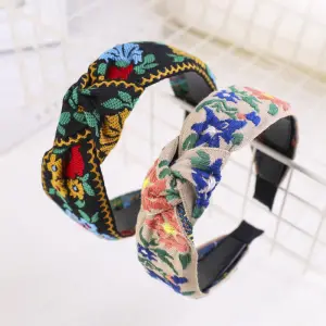 Women Bohemian Style Flower Pattern Embroidery Fabric Headband