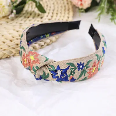 Women Bohemian Style Flower Pattern Embroidery Fabric Headband