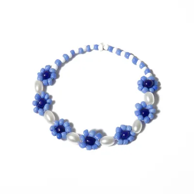 Bohemian Daisy Pearl Decor Anklet Necklace Bracelet Set Rice Beads Simple Women's