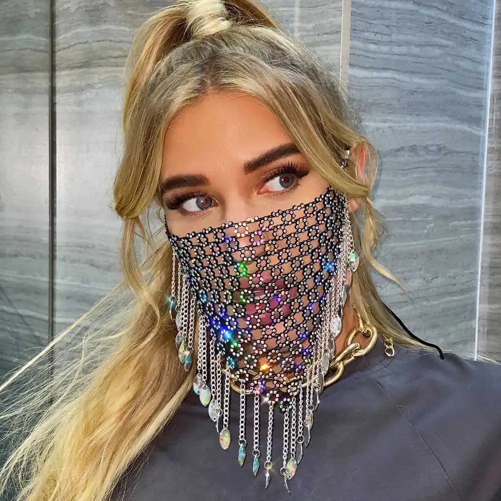 Women Shiny Rhinestone Tassel Mask Jewelry Party Festivals