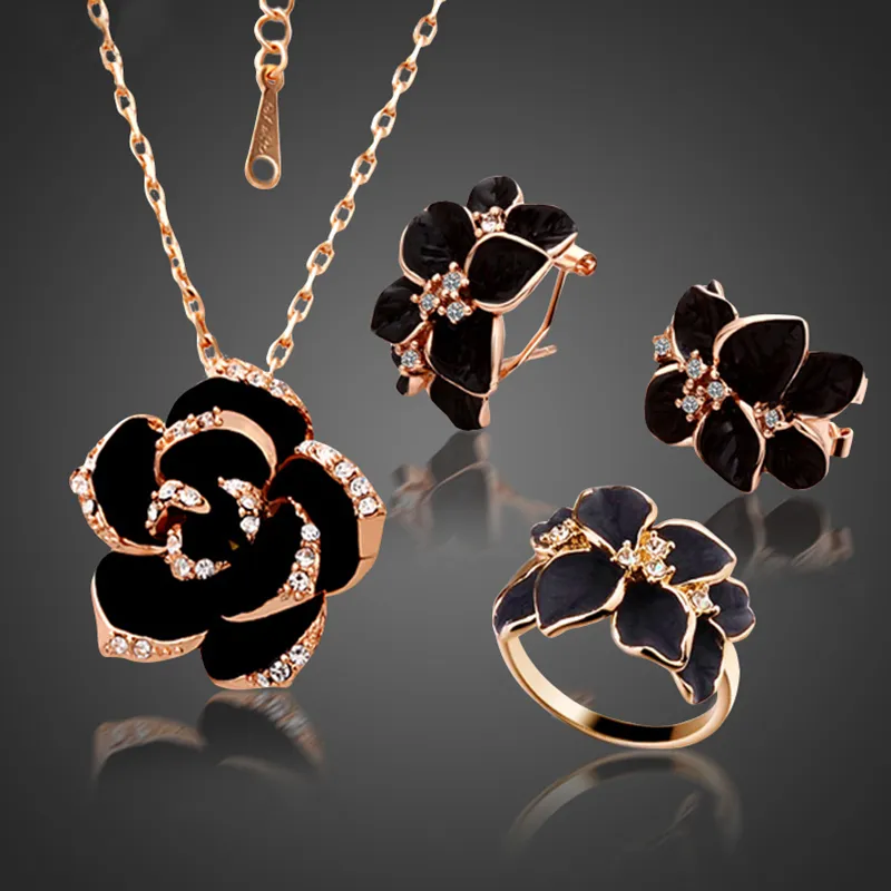 Fashion Nature Alloy Flower Camellia Earrings Necklace Ring Jewelry Set