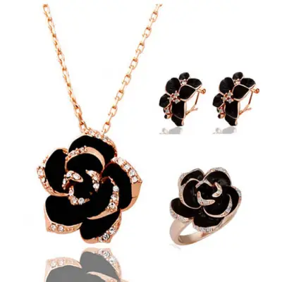 Fashion Nature Alloy Flower Camellia Earrings Necklace Ring Jewelry Set