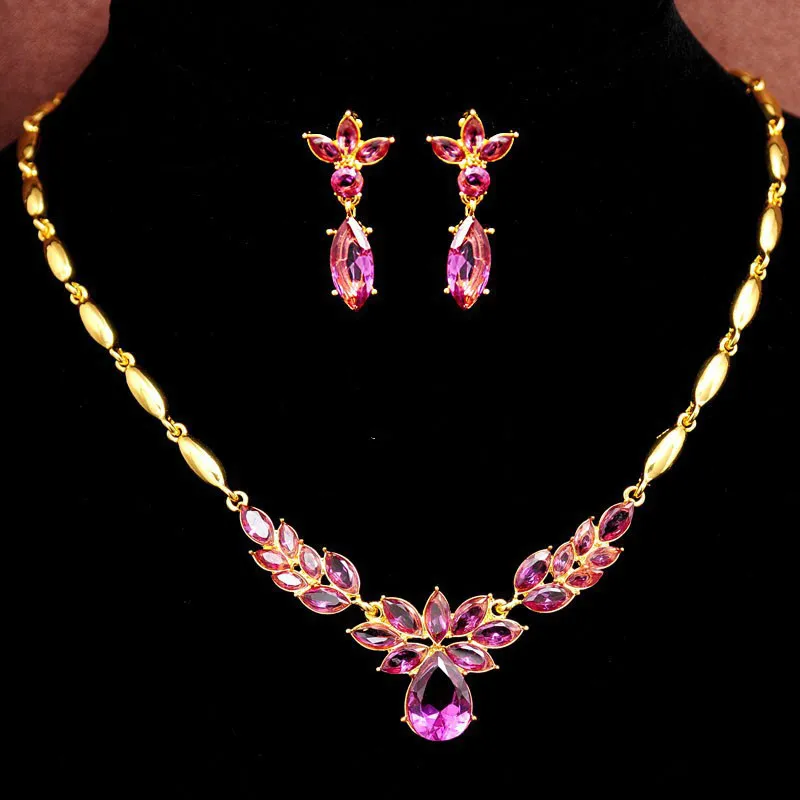 Fashion Crystal Decor Floral Alloy Necklace And Earrings Jewelry Set