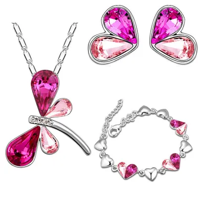 Fashion Double Color Dragonfly Design Necklace Earrings Bracelet Set