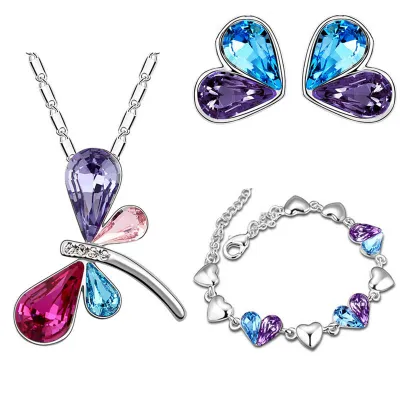 Fashion Double Color Dragonfly Design Necklace Earrings Bracelet Set
