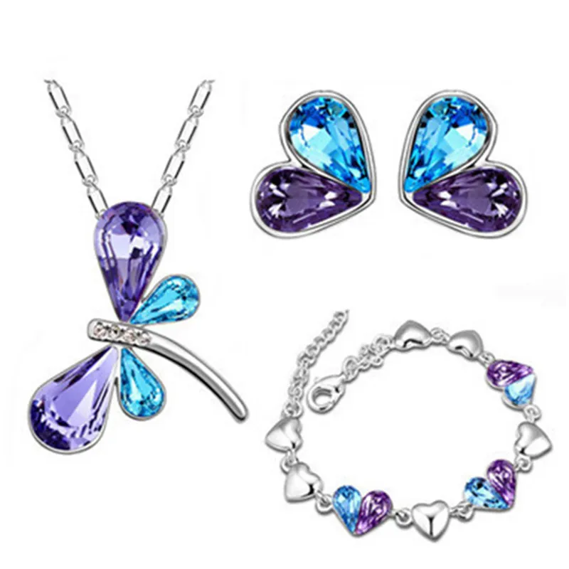 Fashion Double Color Dragonfly Design Necklace Earrings Bracelet Set