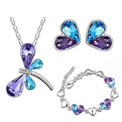 Fashion Double Color Dragonfly Design Necklace Earrings Bracelet Set