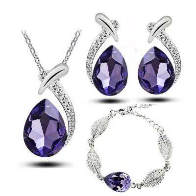 Fashion Teardrop-shaped Crystal Necklace Earrings Bracelet Jewelry Set for Women
