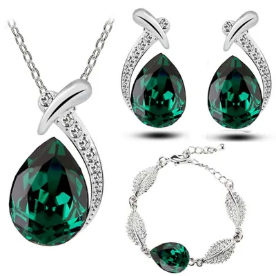 Fashion Teardrop-shaped Crystal Necklace Earrings Bracelet Jewelry Set for Women
