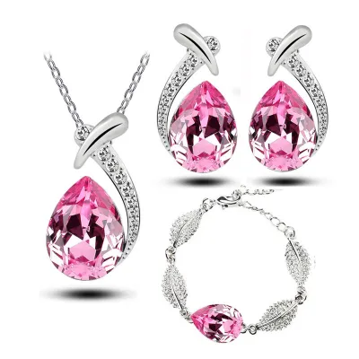 Fashion Teardrop-shaped Crystal Necklace Earrings Bracelet Jewelry Set for Women