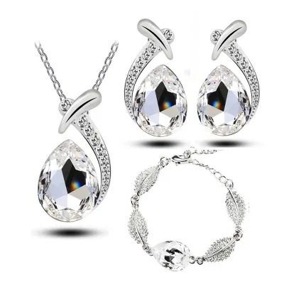 Fashion Teardrop-shaped Crystal Necklace Earrings Bracelet Jewelry Set for Women