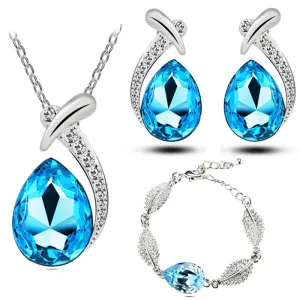 Fashion Teardrop-shaped Crystal Necklace Earrings Bracelet Jewelry Set for Women