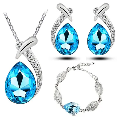 Fashion Teardrop-shaped Crystal Necklace Earrings Bracelet Jewelry Set for Women