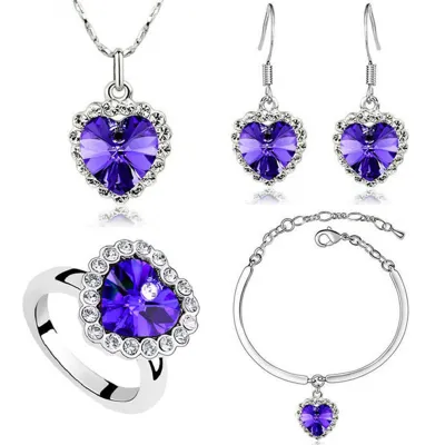 Fashion Rhinestones Decor Heart-shaped Necklace Earrings Ring Bracelet Set
