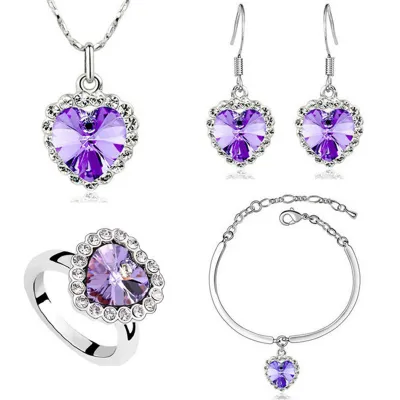 Fashion Rhinestones Decor Heart-shaped Necklace Earrings Ring Bracelet Set