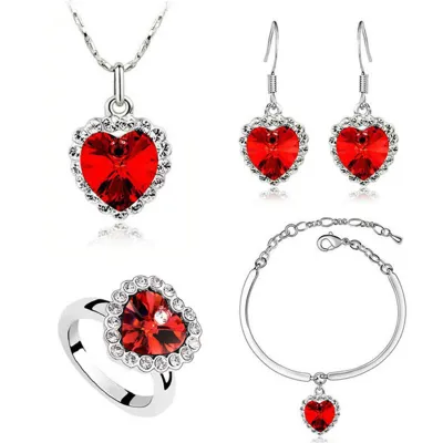 Fashion Rhinestones Decor Heart-shaped Necklace Earrings Ring Bracelet Set