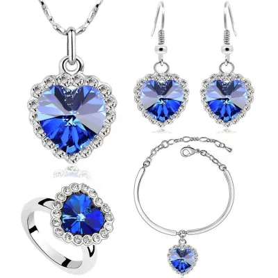 Fashion Rhinestones Decor Heart-shaped Necklace Earrings Ring Bracelet Set