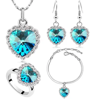 Fashion Rhinestones Decor Heart-shaped Necklace Earrings Ring Bracelet Set