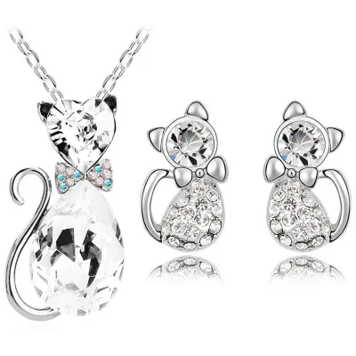 2PCS Rhinestone Cat-shaped Necklace Earrings Set Women's Exotic Alloy