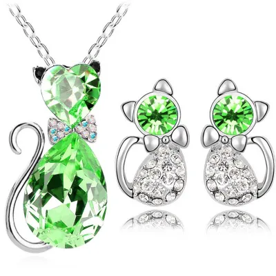 2PCS Rhinestone Cat-shaped Necklace Earrings Set Women's Exotic Alloy