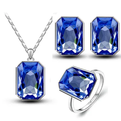 Fashion Crystal Decor Polygon Necklace Earrings Ring Set