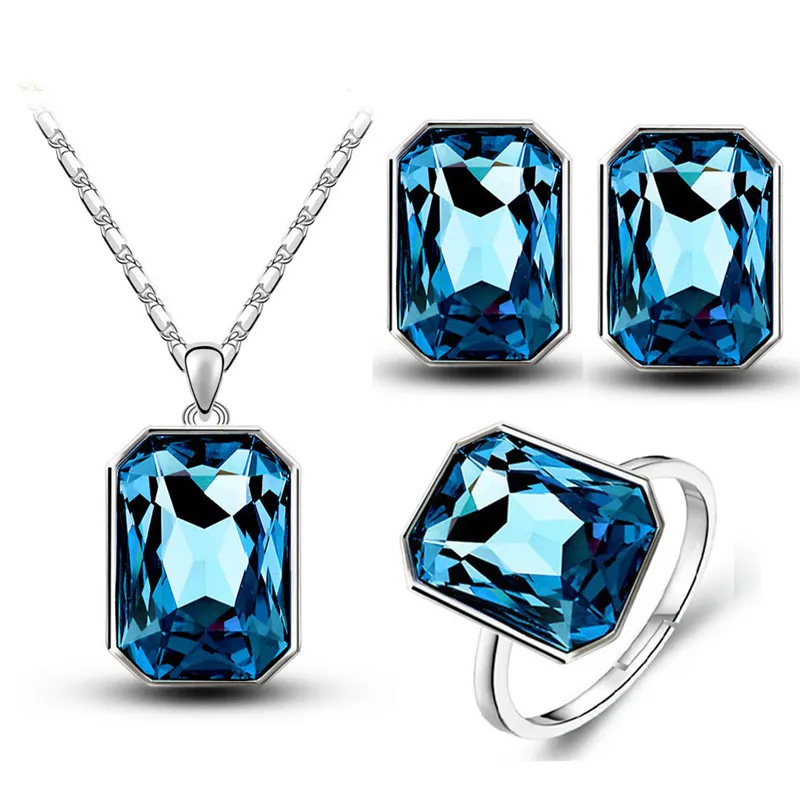 Fashion Crystal Decor Polygon Necklace Earrings Ring Set