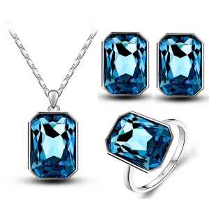 Fashion Crystal Decor Polygon Necklace Earrings Ring Set