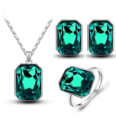 Fashion Crystal Decor Polygon Necklace Earrings Ring Set