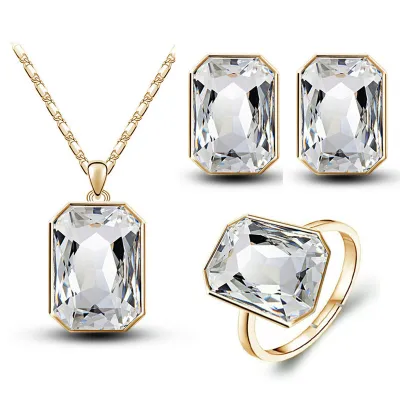 Fashion Crystal Decor Polygon Necklace Earrings Ring Set