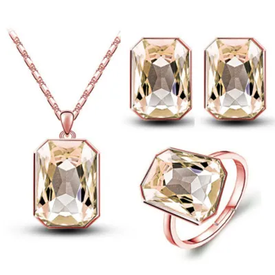 Fashion Crystal Decor Polygon Necklace Earrings Ring Set