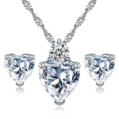 Women's Fashion Heart-shaped Zircon Decoration Necklace Earrings Set