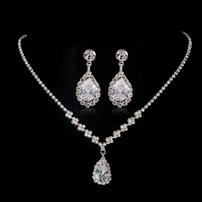Women Minimalist Water Drop Pendant Necklace And Earrings Set Artificial Crystal Blade Chain