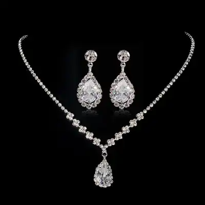 Women Minimalist Water Drop Pendant Necklace And Earrings Set Artificial Crystal Blade Chain