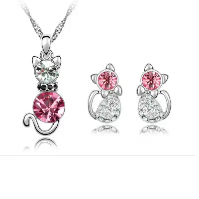 Women Rhinestone Decorative Cat Shaped Necklace And Earrings Set