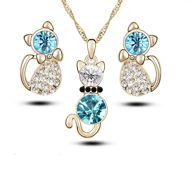 Women Rhinestone Decorative Cat Shaped Necklace And Earrings Set