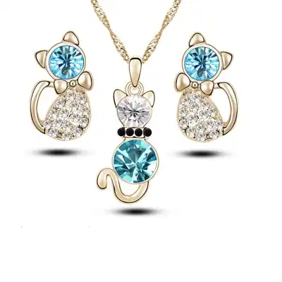 Women Rhinestone Decorative Cat Shaped Necklace And Earrings Set