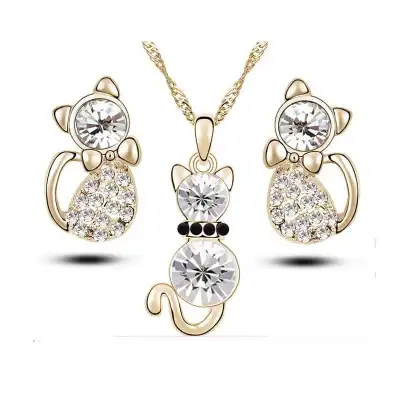 Women Rhinestone Decorative Cat Shaped Necklace And Earrings Set