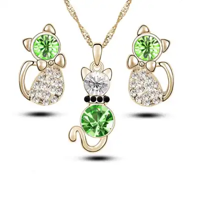 Women Rhinestone Decorative Cat Shaped Necklace And Earrings Set