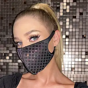Women Simple Rhinestone Decorative Black Cotton Face Mask for Party