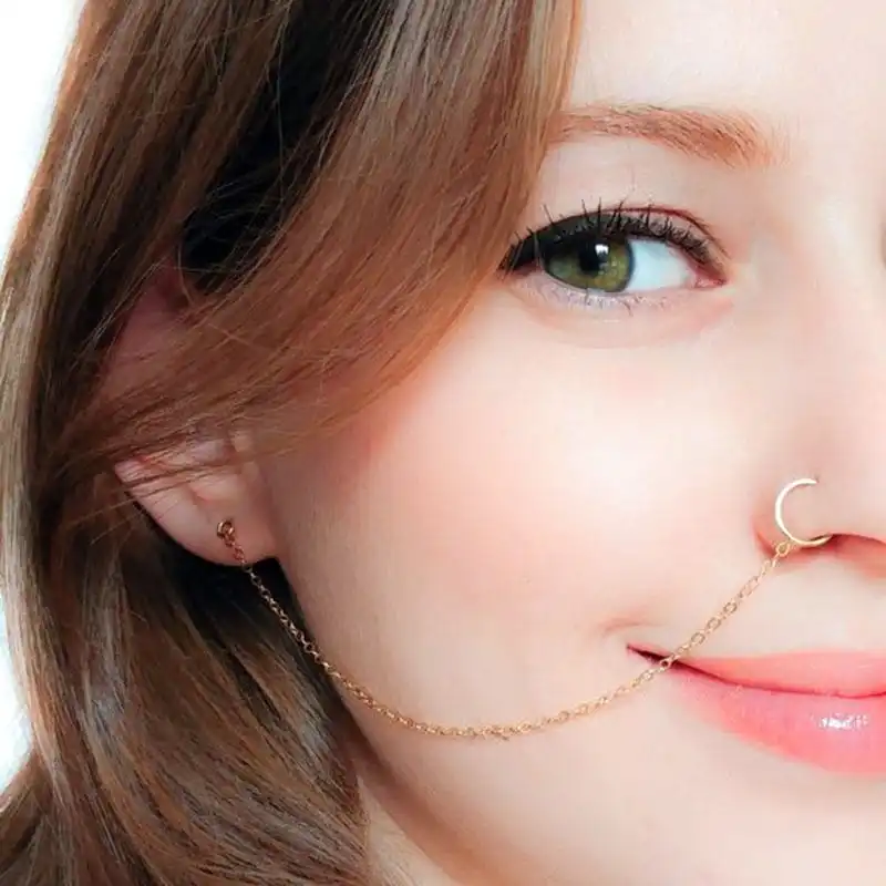 Unisex Geometric Exotic Metal Ear Hook Nose Ring Chain