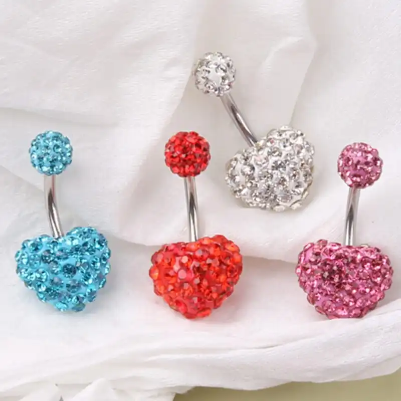 Women Fashion Rhinestone Decorative Heart Shaped Navel Nail Stainless Steel Unisex