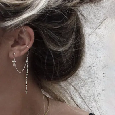 Women Personality Tassel Ear Chain Cross Earring
