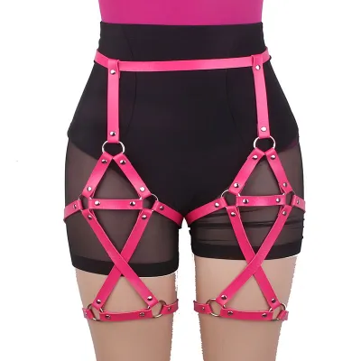 Adjustable Double Row Cross Design Imitation Leather Suspenders Leg Thigh Ring Unisex Sports