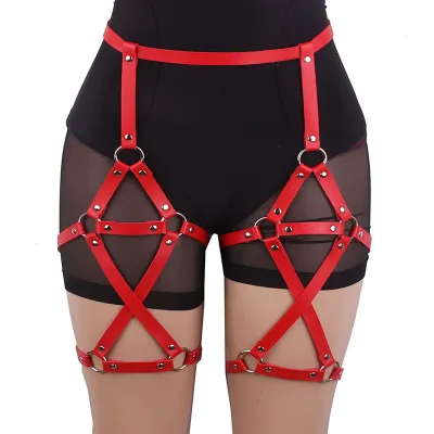 Adjustable Double Row Cross Design Imitation Leather Suspenders Leg Thigh Ring Unisex Sports